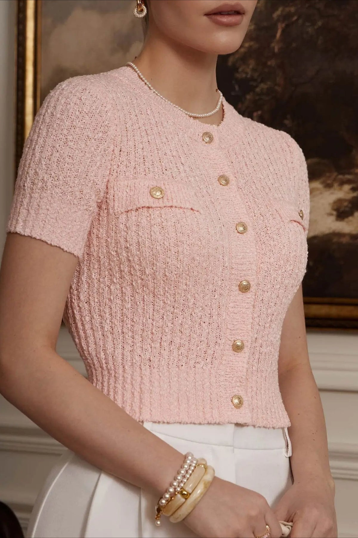 Women's Short Sleeve Cropped Cardigan – Textured Knit with Gold-Tone Buttons and Pockets