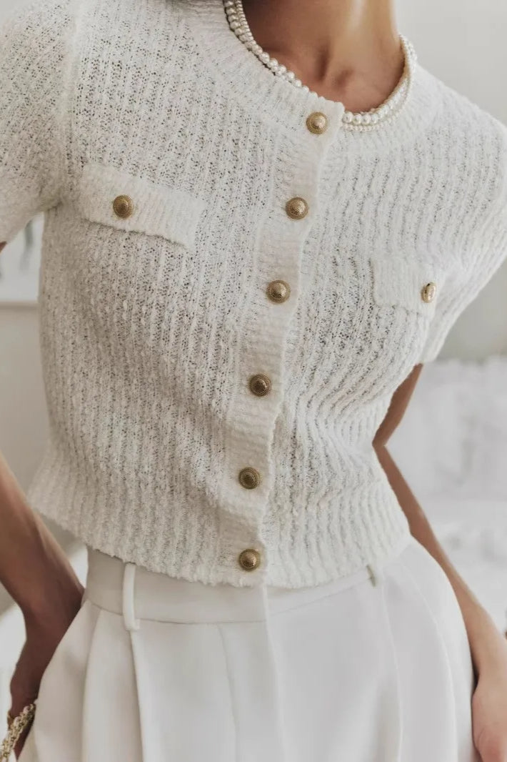Women's Short Sleeve Cropped Cardigan – Textured Knit with Gold-Tone Buttons and Pockets