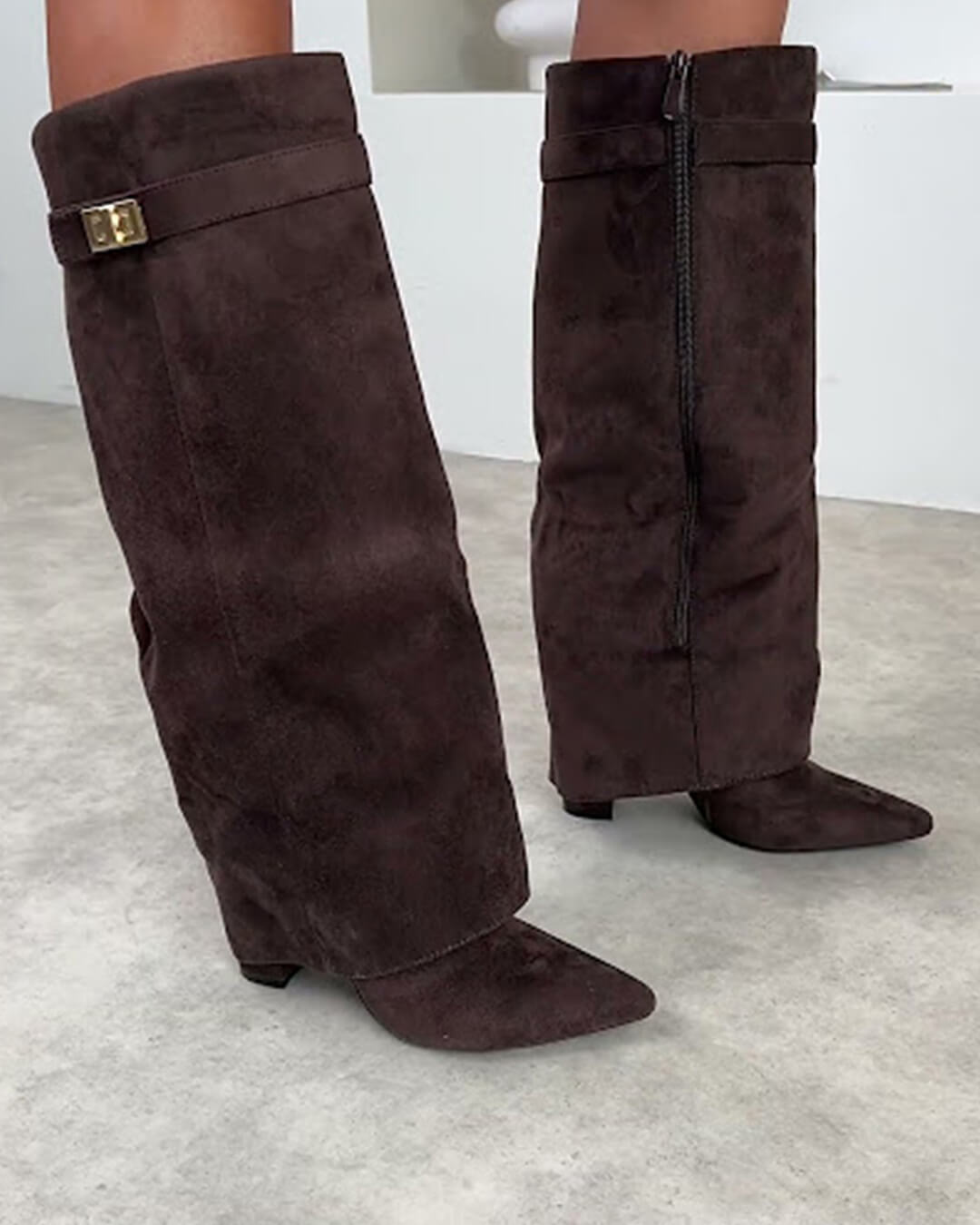 Kacob | Women's Slim Heeled Knee High Boots – Stretch Panel Winter Boots