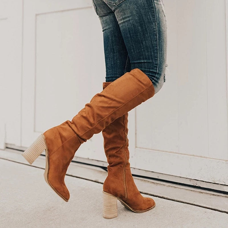 Kacob | Women's Slouch Knee High Boots – Block Heel Boots with Side Zip