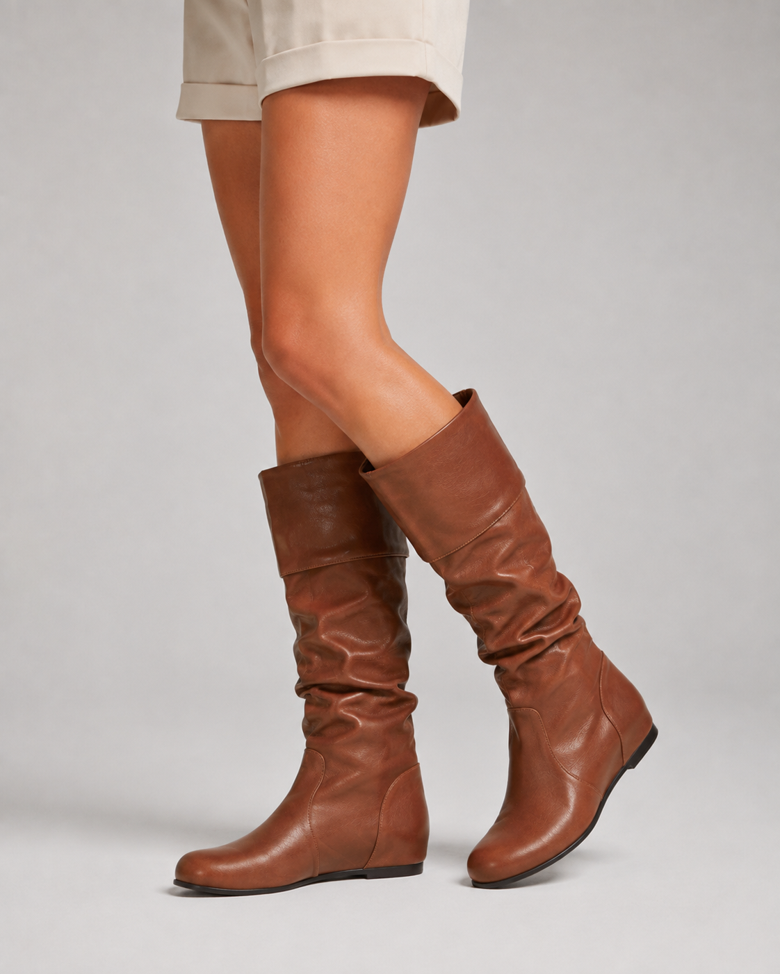Women's Slouch Knee High Boots – Ruched Leather-Look Flat Boots with Fold Over Cuff