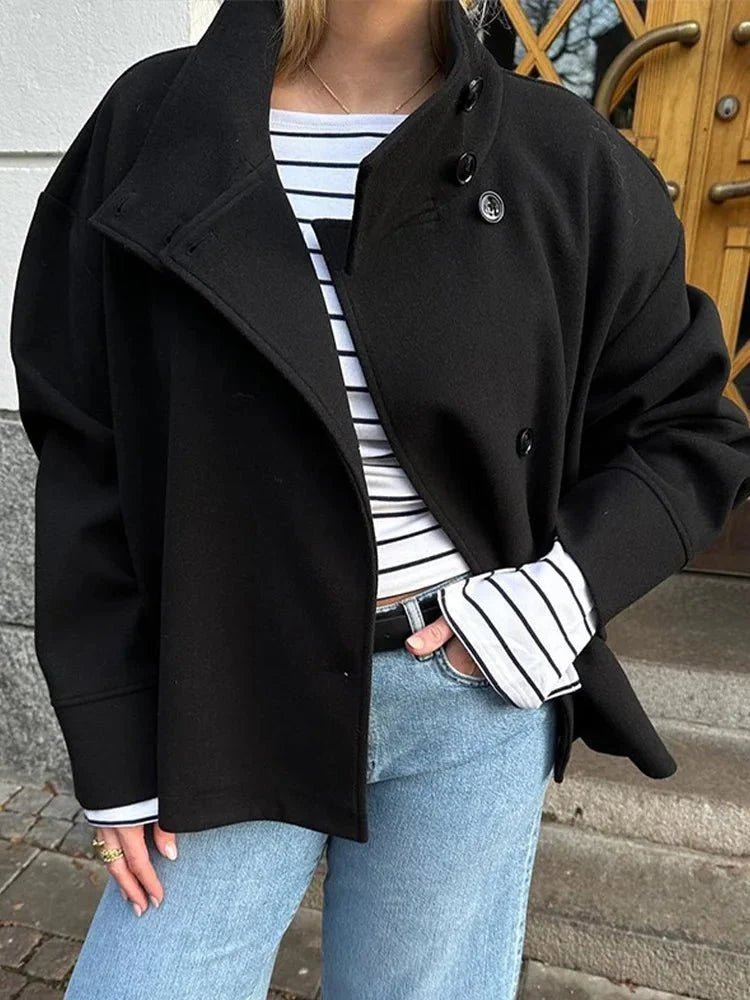 Women's Stand Collar Cropped Jacket – Button Front Boxy Fit Jacket