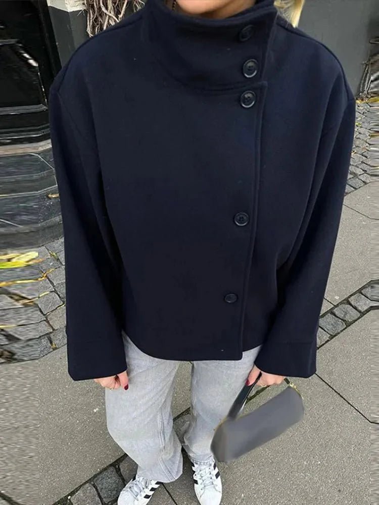 Women's Stand Collar Cropped Jacket – Button Front Boxy Fit Jacket