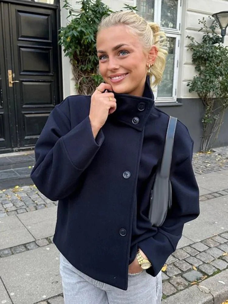 Women's Stand Collar Cropped Jacket – Button Front Boxy Fit Jacket