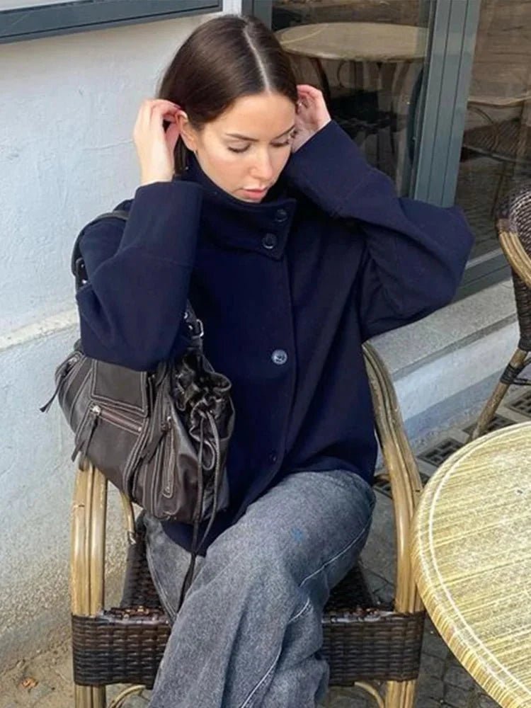 Women's Stand Collar Cropped Jacket – Button Front Boxy Fit Jacket