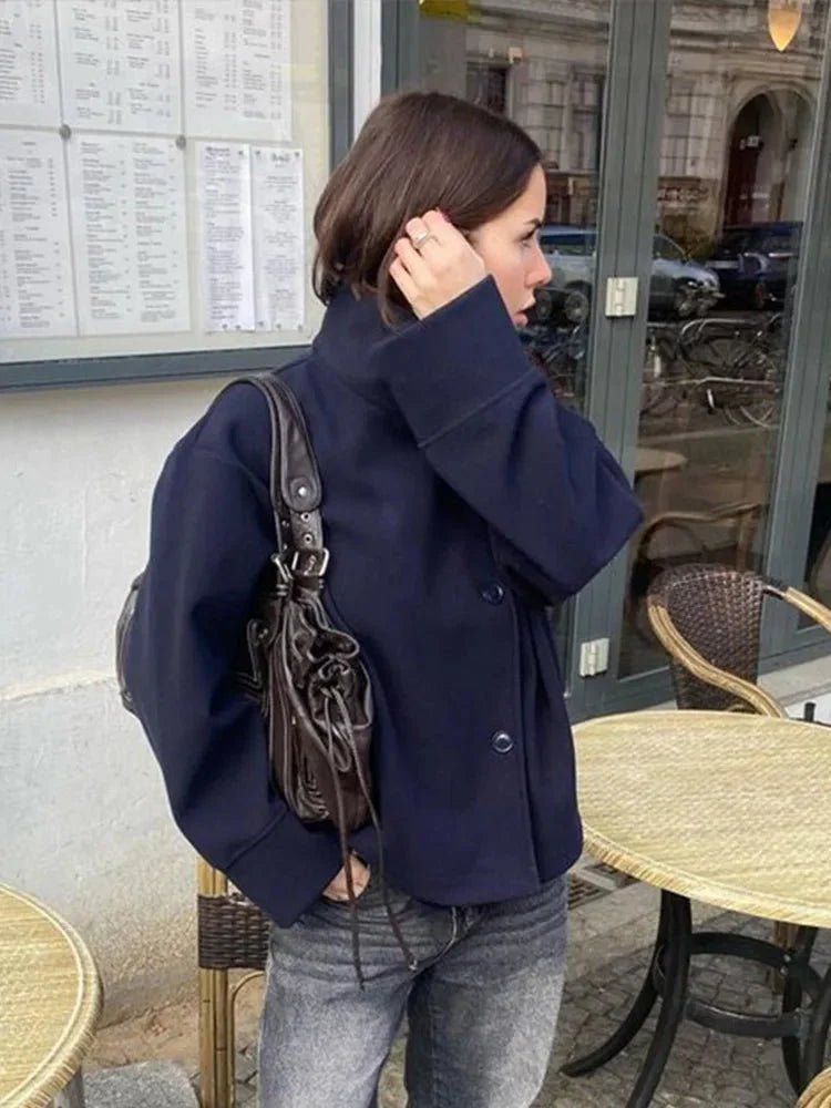 Women's Stand Collar Cropped Jacket – Button Front Boxy Fit Jacket