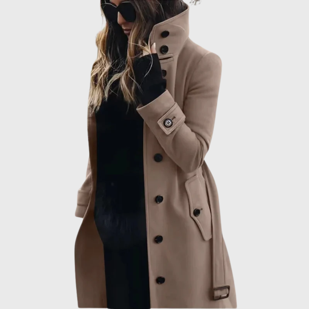 Women's Stand Collar Longline Winter Coat – Single-Breasted Button Coat with Cuff Straps