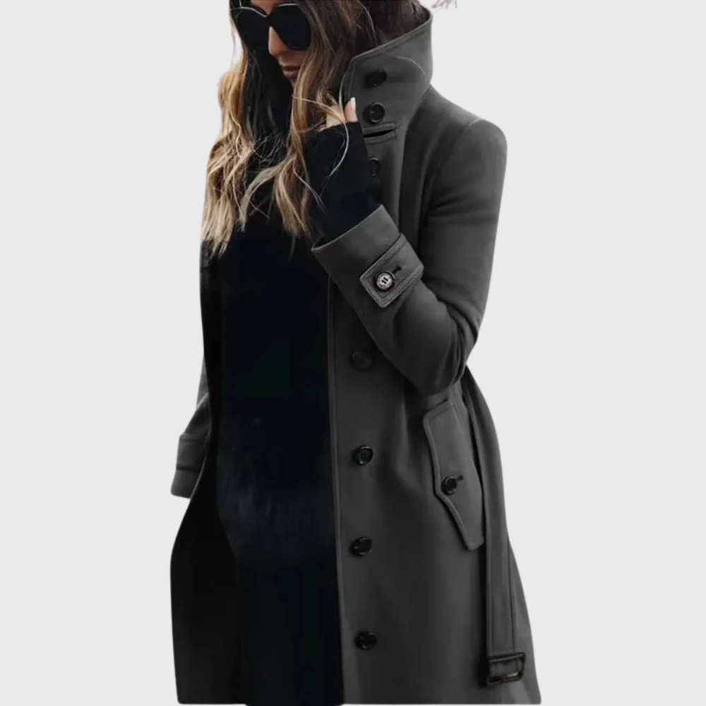 Women's Stand Collar Longline Winter Coat – Single-Breasted Button Coat with Cuff Straps