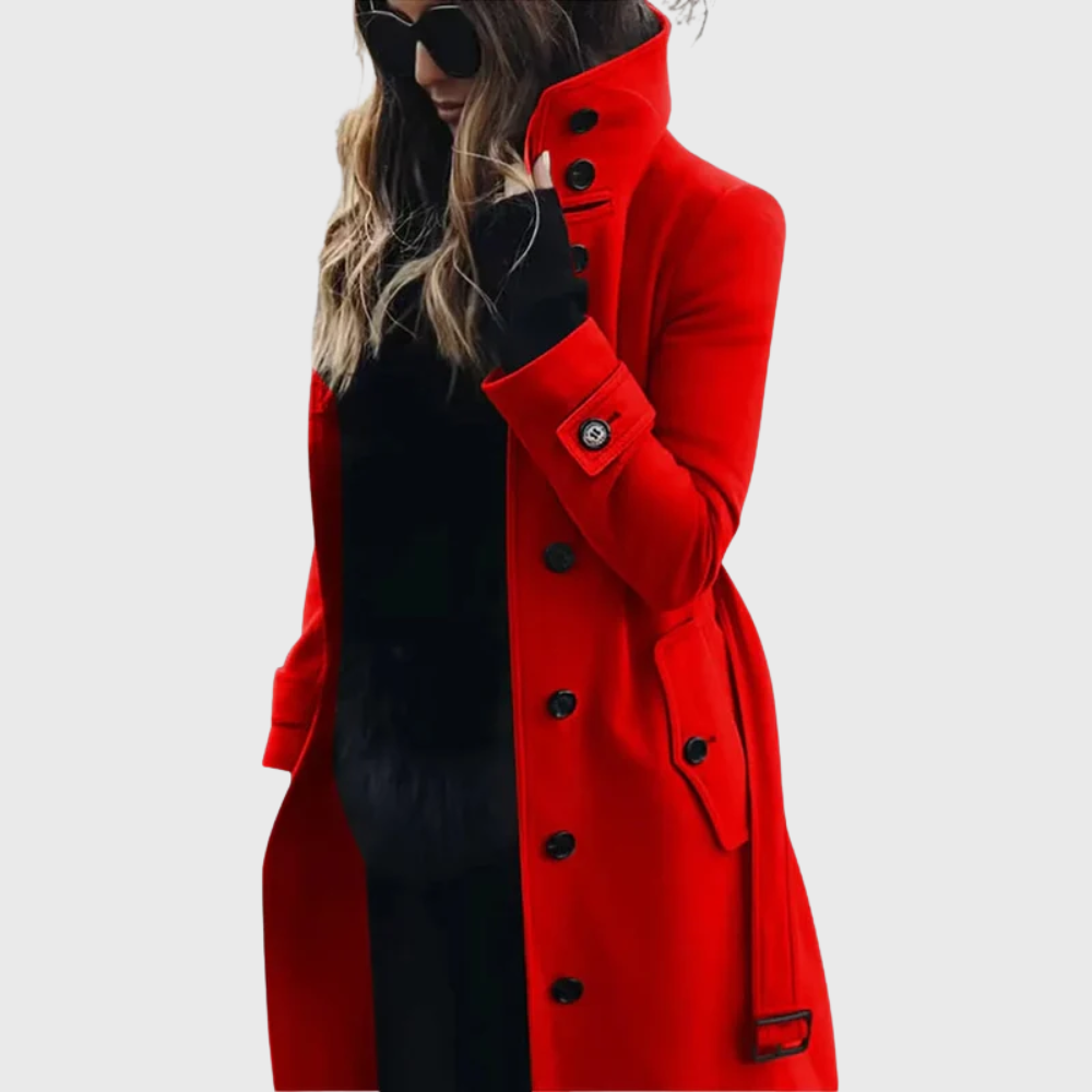 Women's Stand Collar Longline Winter Coat – Single-Breasted Button Coat with Cuff Straps