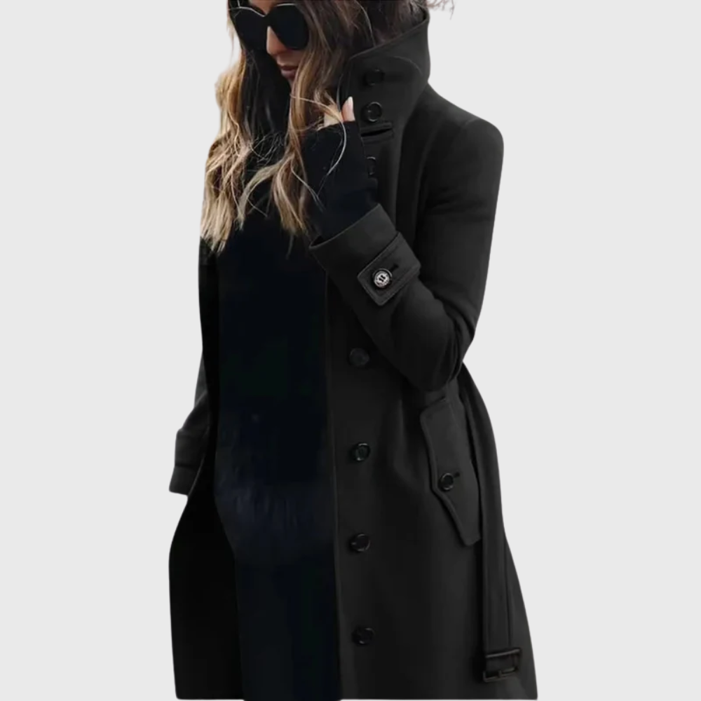 Women's Stand Collar Longline Winter Coat – Single-Breasted Button Coat with Cuff Straps