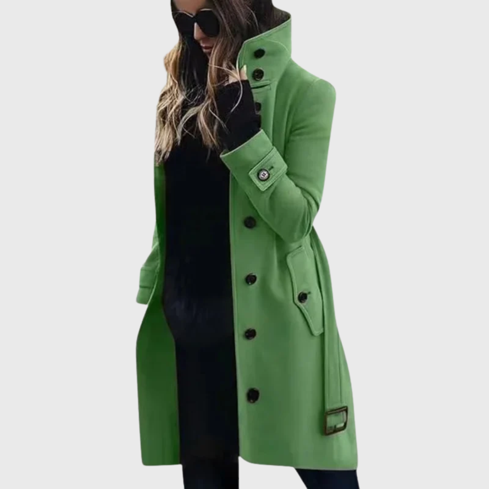 Women's Stand Collar Longline Winter Coat – Single-Breasted Button Coat with Cuff Straps