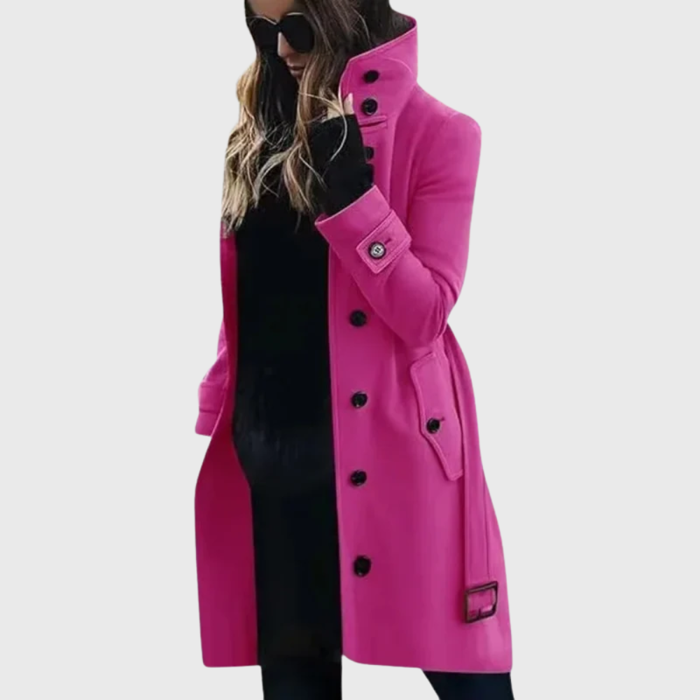 Women's Stand Collar Longline Winter Coat – Single-Breasted Button Coat with Cuff Straps