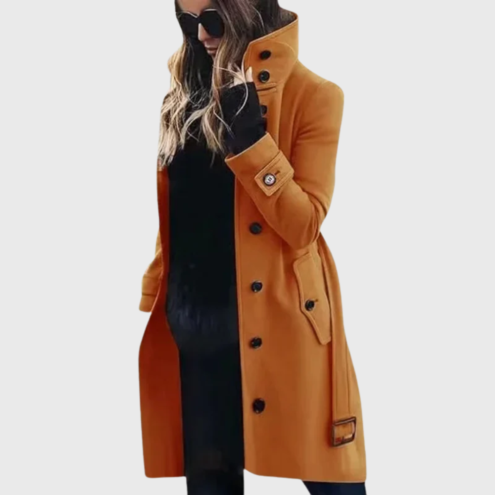 Women's Stand Collar Longline Winter Coat – Single-Breasted Button Coat with Cuff Straps
