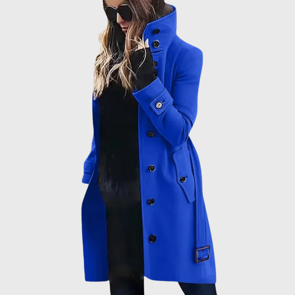 Women's Stand Collar Longline Winter Coat – Single-Breasted Button Coat with Cuff Straps