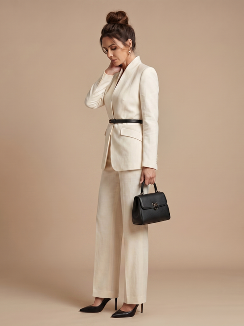 Kacob | Women's Stand Collar Trouser Suit – Tailored Blazer and Flared Trousers