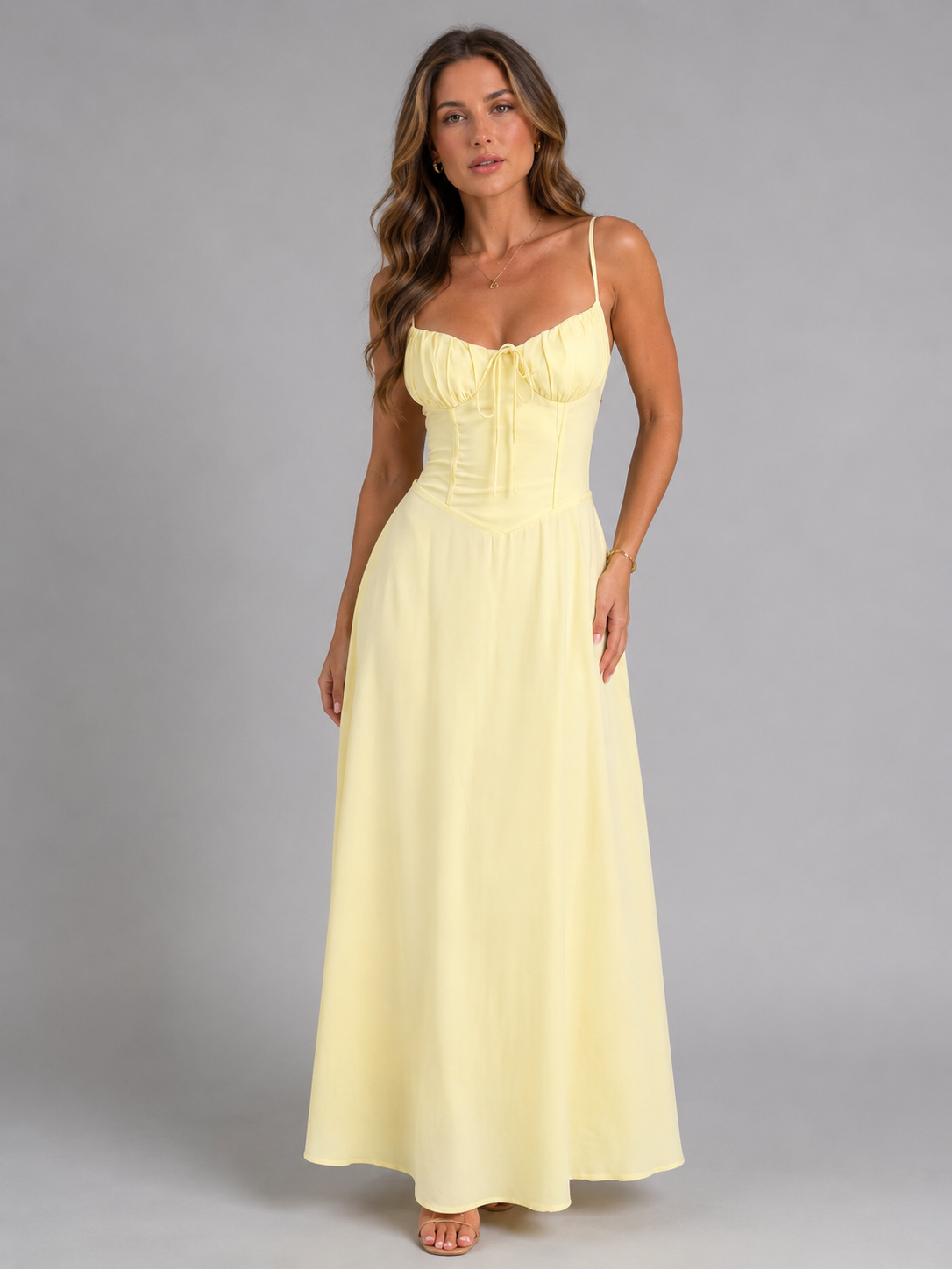Women's Strappy Corset Maxi Dress – Ruched Bust Tie Front Flared Summer Dress