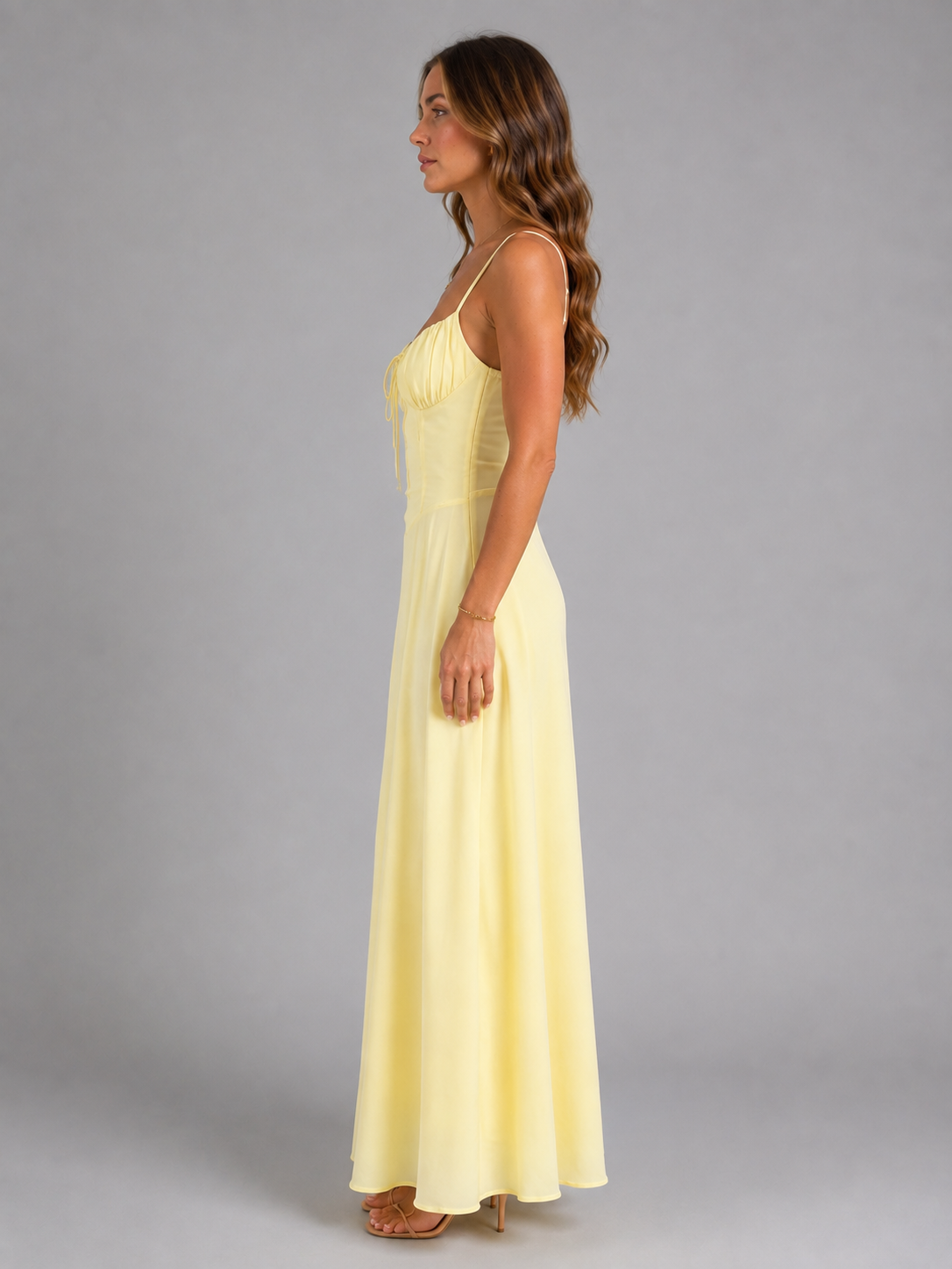 Women's Strappy Corset Maxi Dress – Ruched Bust Tie Front Flared Summer Dress