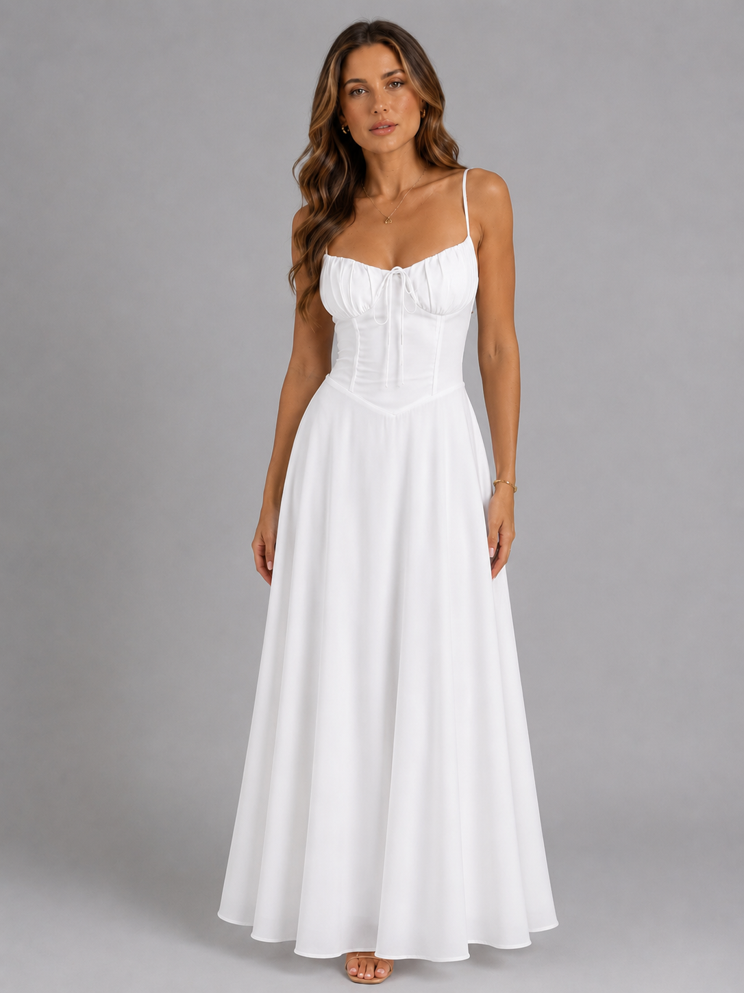 Women's Strappy Corset Maxi Dress – Ruched Bust Tie Front Flared Summer Dress