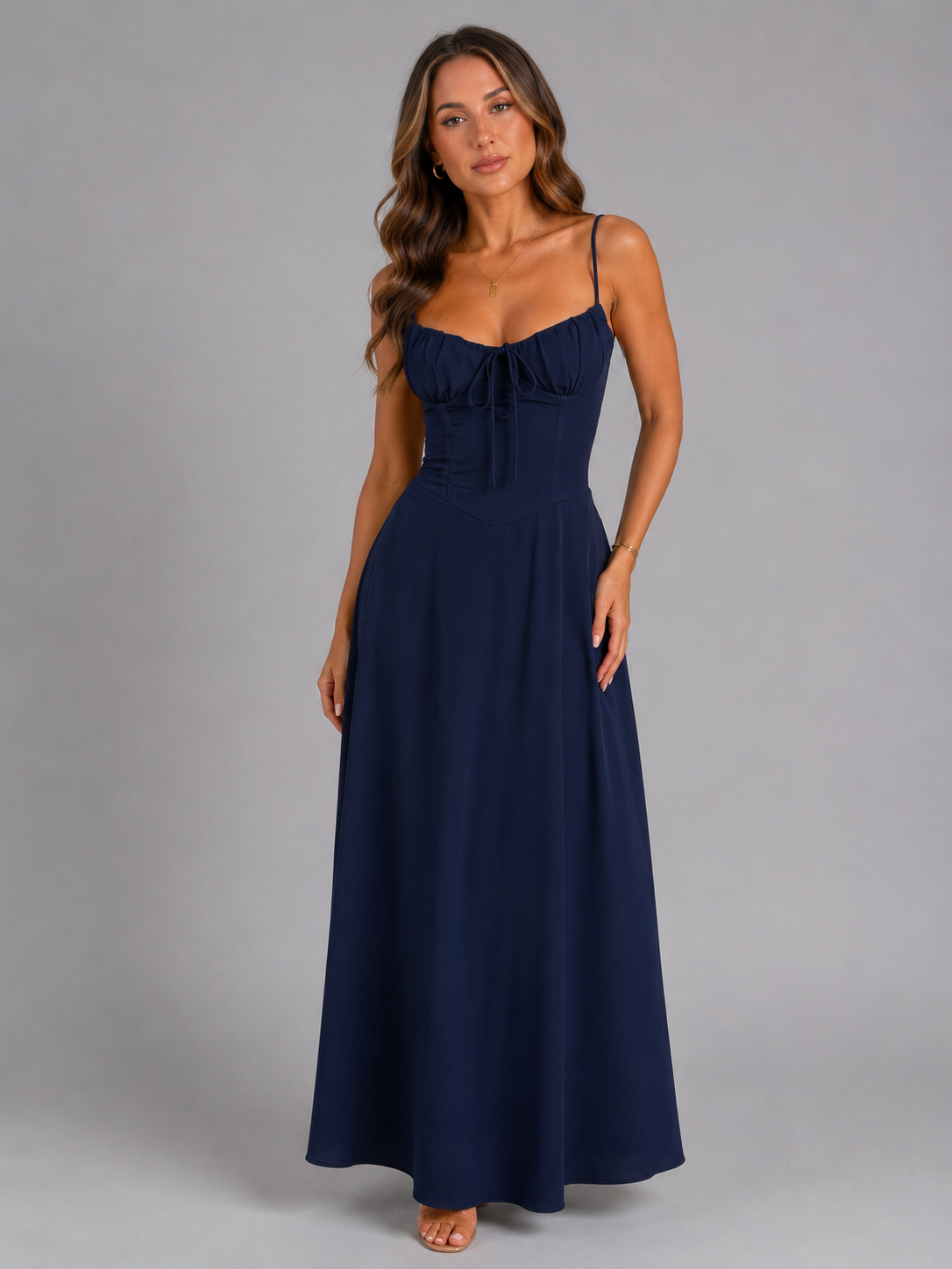 Women's Strappy Corset Maxi Dress – Ruched Bust Tie Front Flared Summer Dress