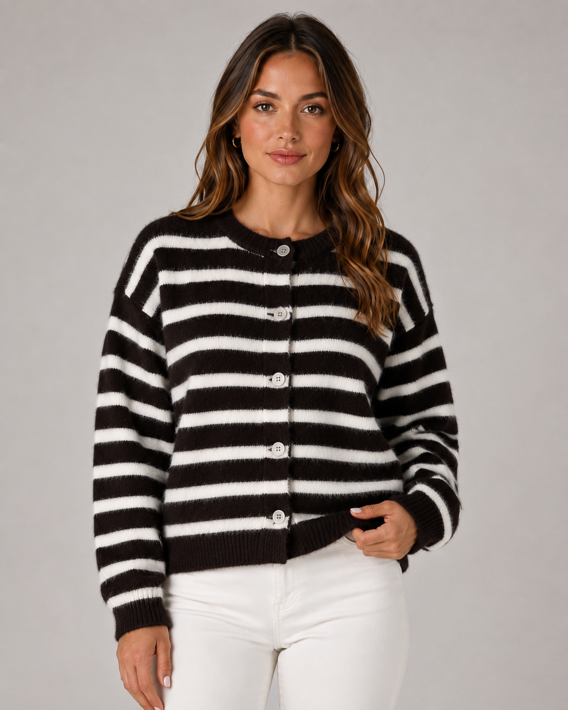 Women's Striped Button-Front Knit Cardigan