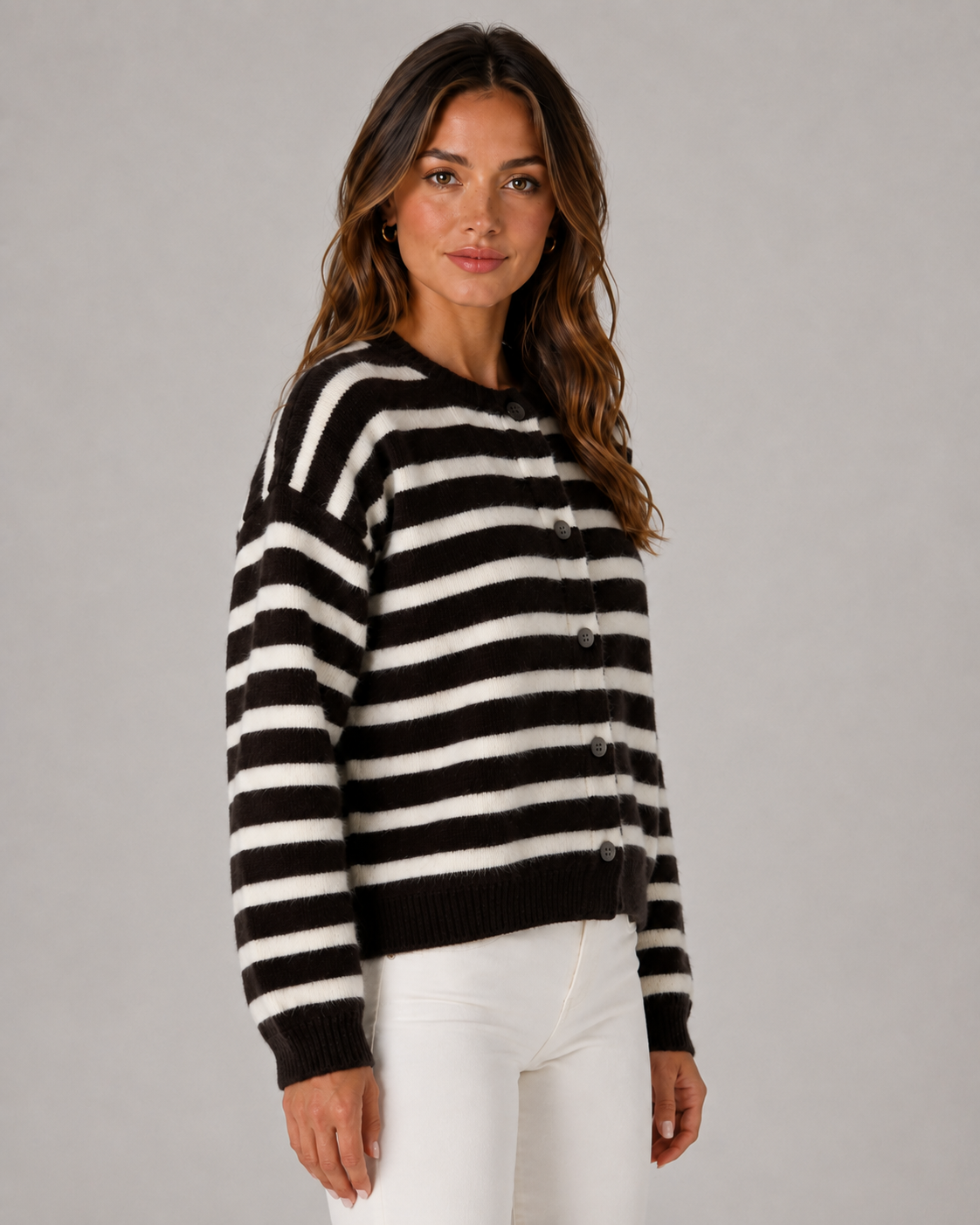 Women's Striped Button-Front Knit Cardigan