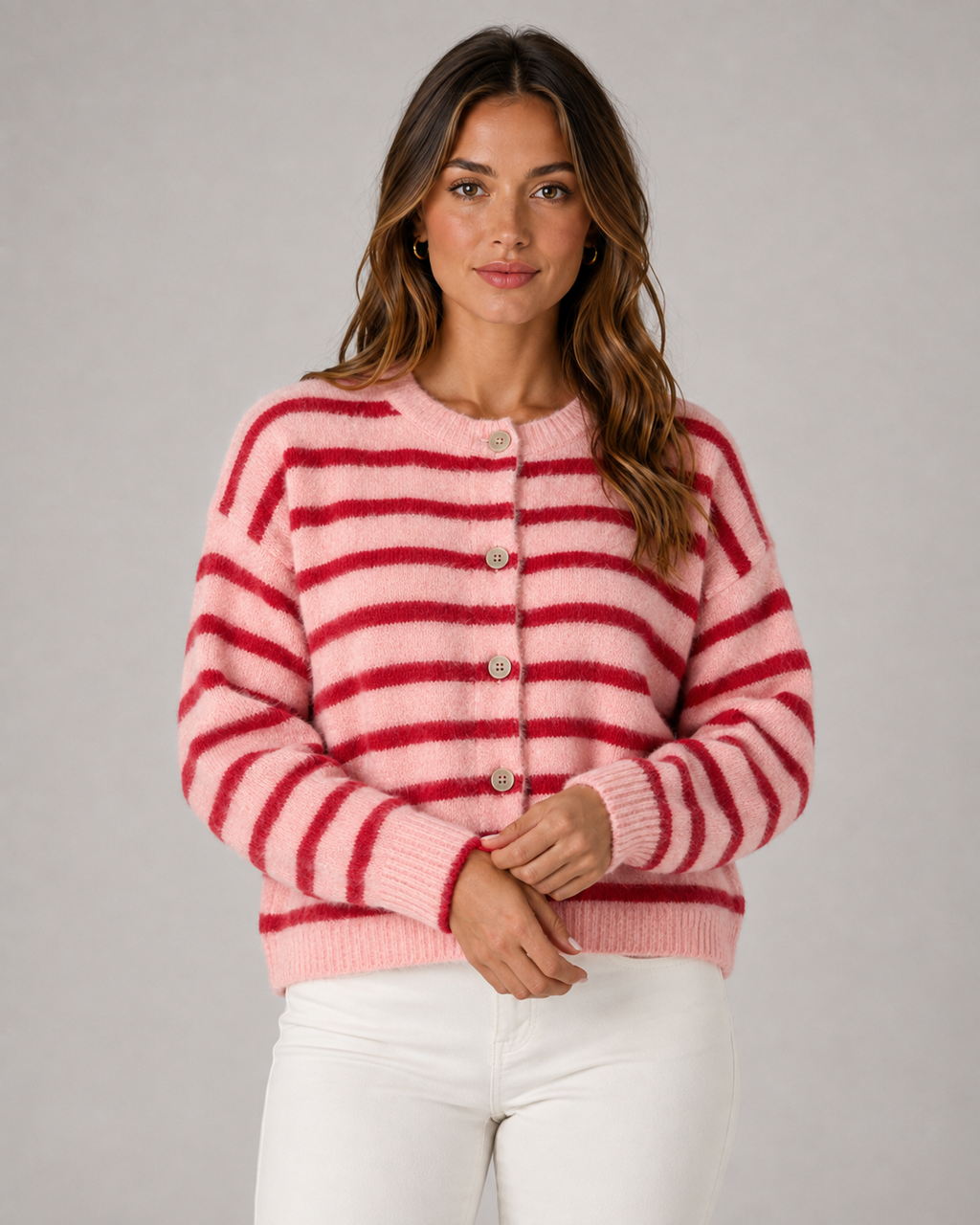 Women's Striped Button-Front Knit Cardigan