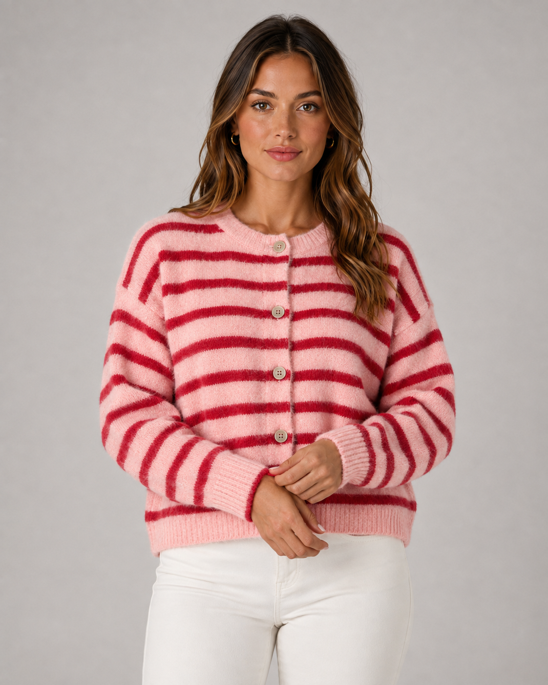 Women's Striped Button-Front Knit Cardigan
