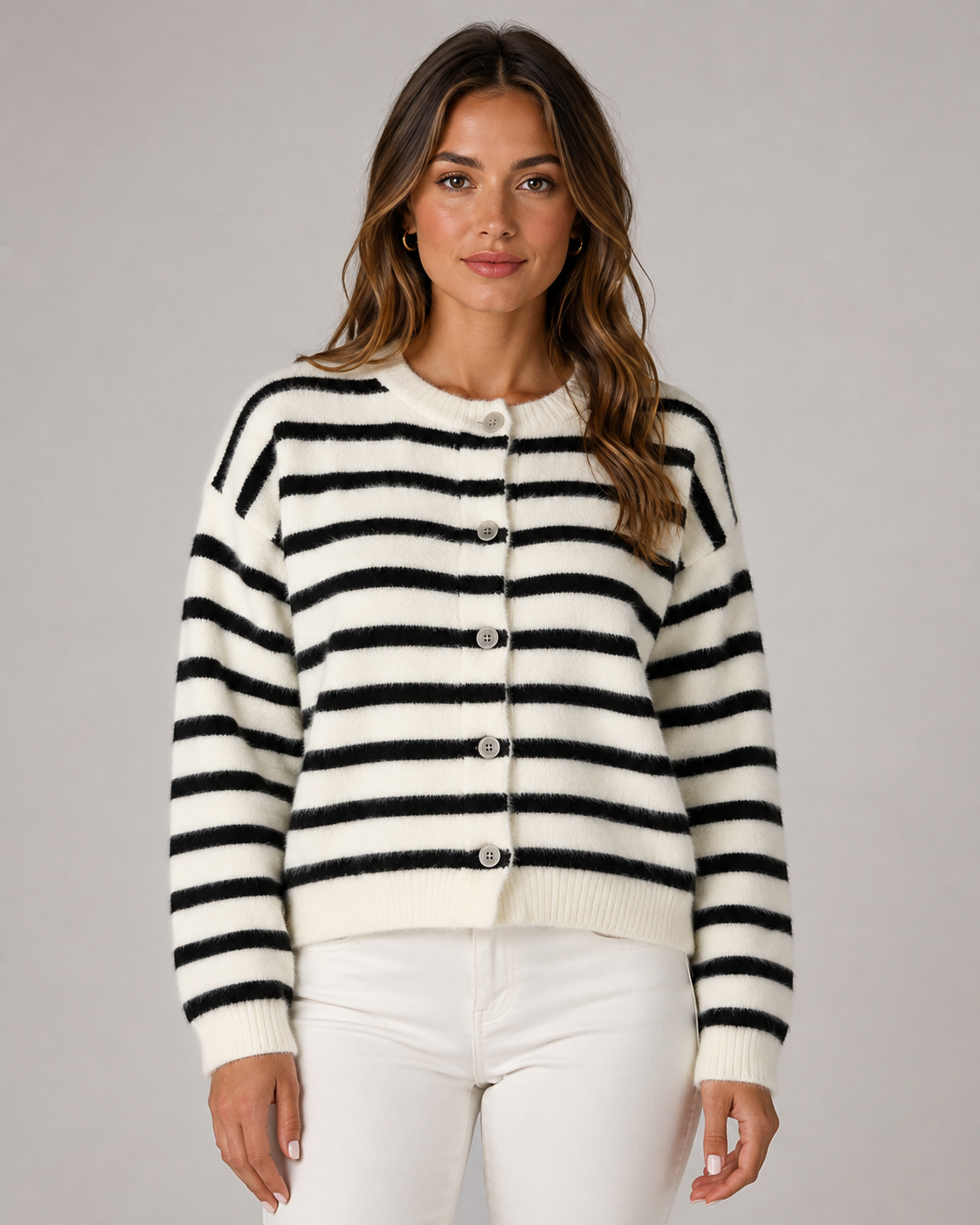 Women's Striped Button-Front Knit Cardigan