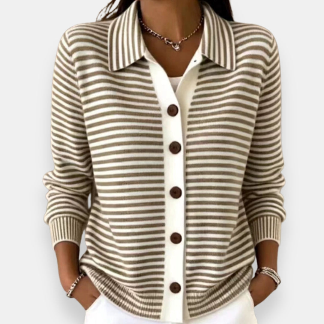 Women's Striped Collared Button Front Knit Cardigan – Contrast Placket Polo Knit