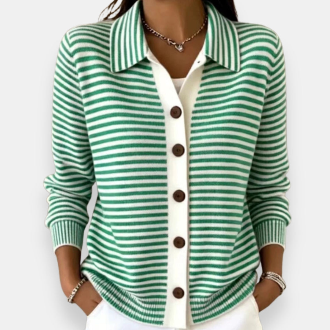 Women's Striped Collared Button Front Knit Cardigan – Contrast Placket Polo Knit