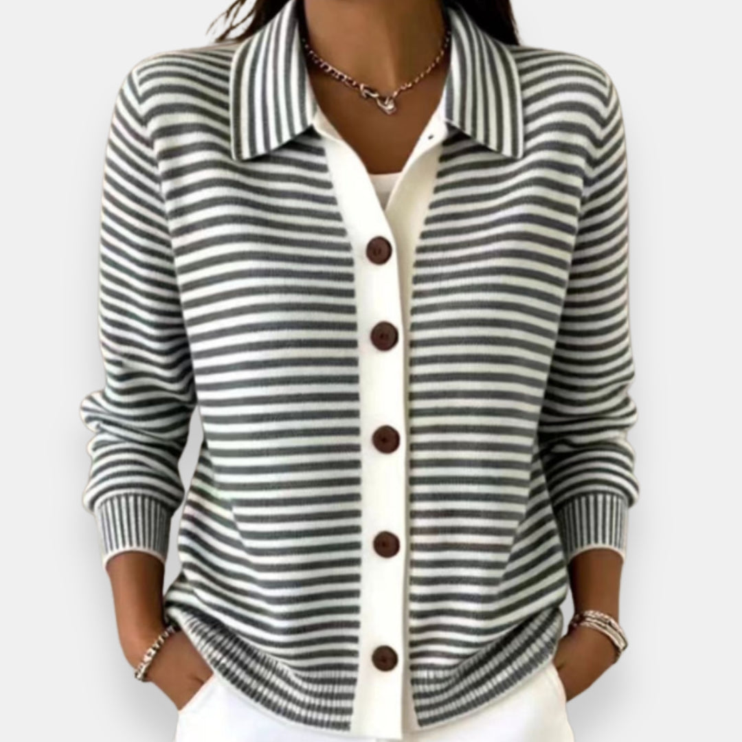 Women's Striped Collared Button Front Knit Cardigan – Contrast Placket Polo Knit
