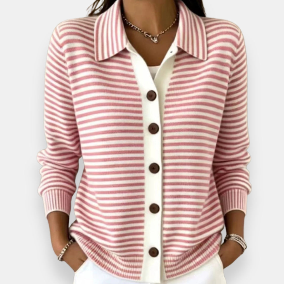 Women's Striped Collared Button Front Knit Cardigan – Contrast Placket Polo Knit