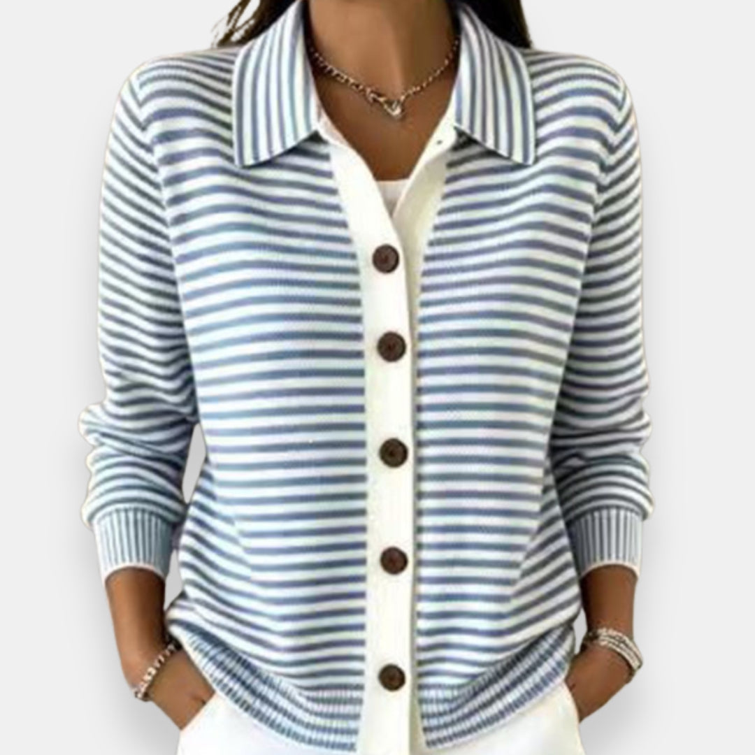 Women's Striped Collared Button Front Knit Cardigan – Contrast Placket Polo Knit