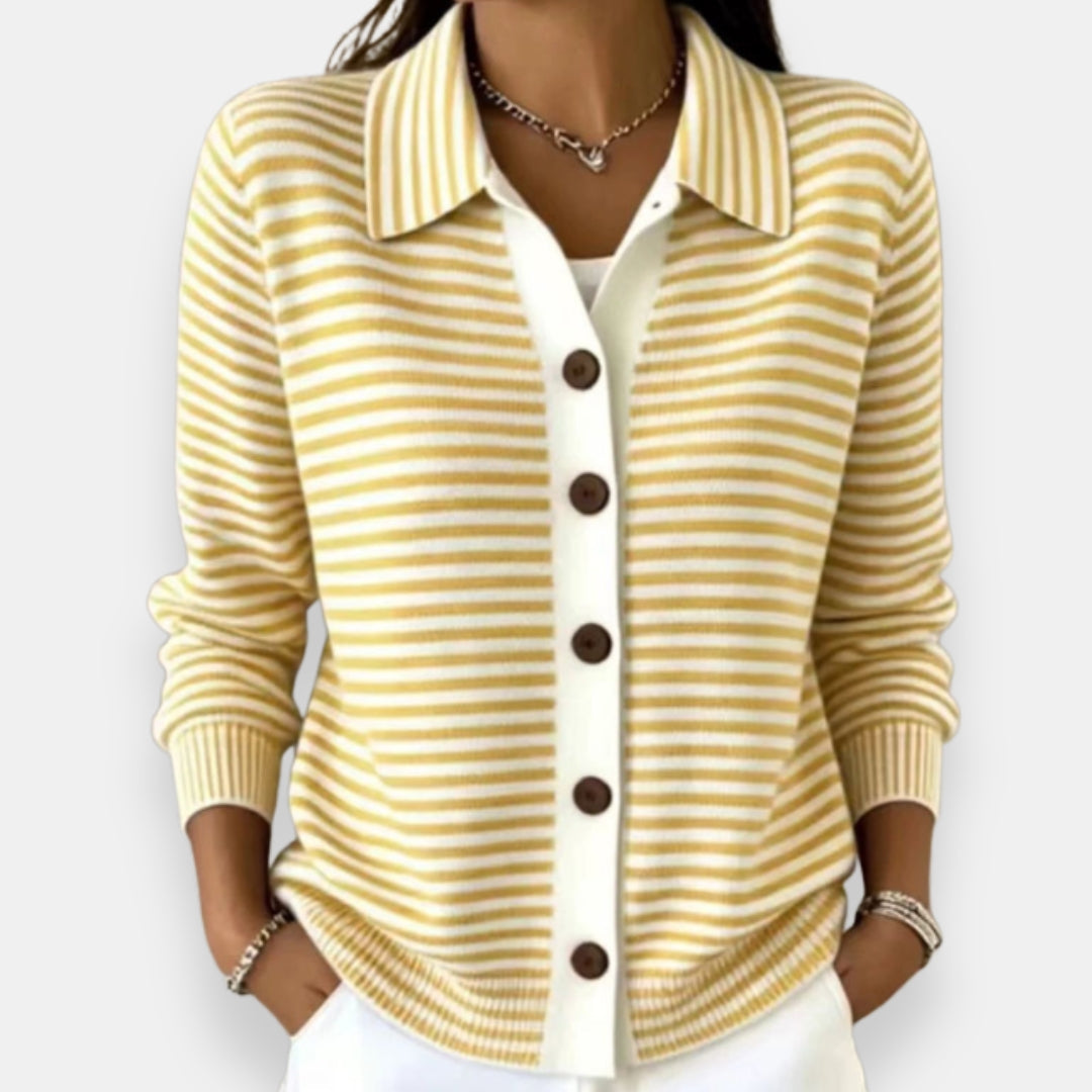 Women's Striped Collared Button Front Knit Cardigan – Contrast Placket Polo Knit