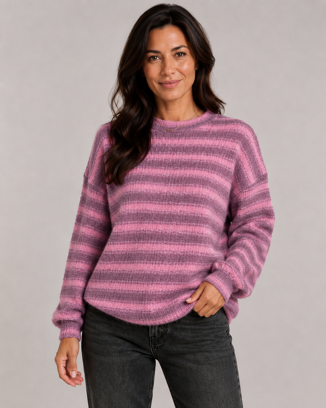 Women's Striped Fuzzy Knit Crew Neck Jumper