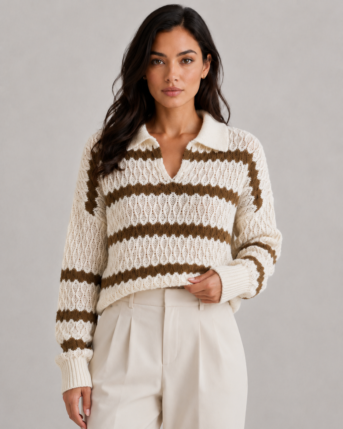 Women's Striped Johnny Collar Knit Jumper