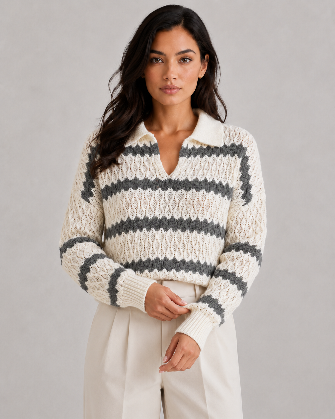 Women's Striped Johnny Collar Knit Jumper