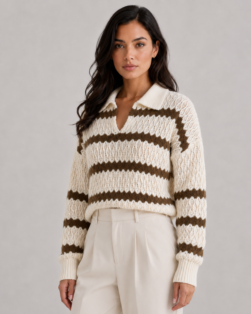 Women's Striped Johnny Collar Knit Jumper