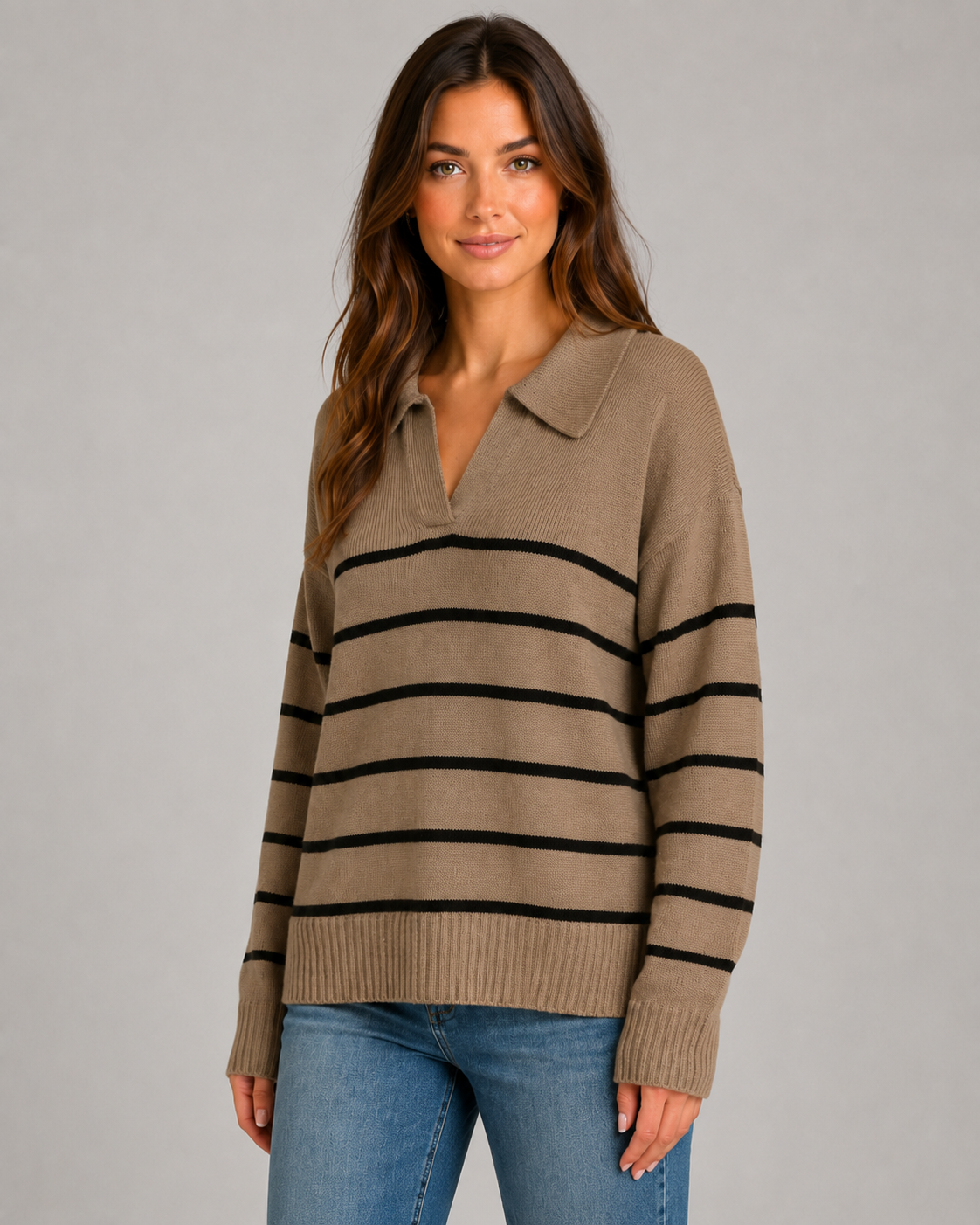 Women's Striped Open Collar Polo Jumper