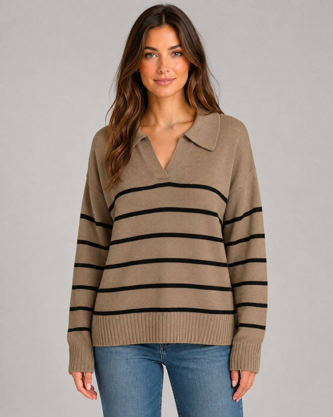 Women's Striped Open Collar Polo Jumper