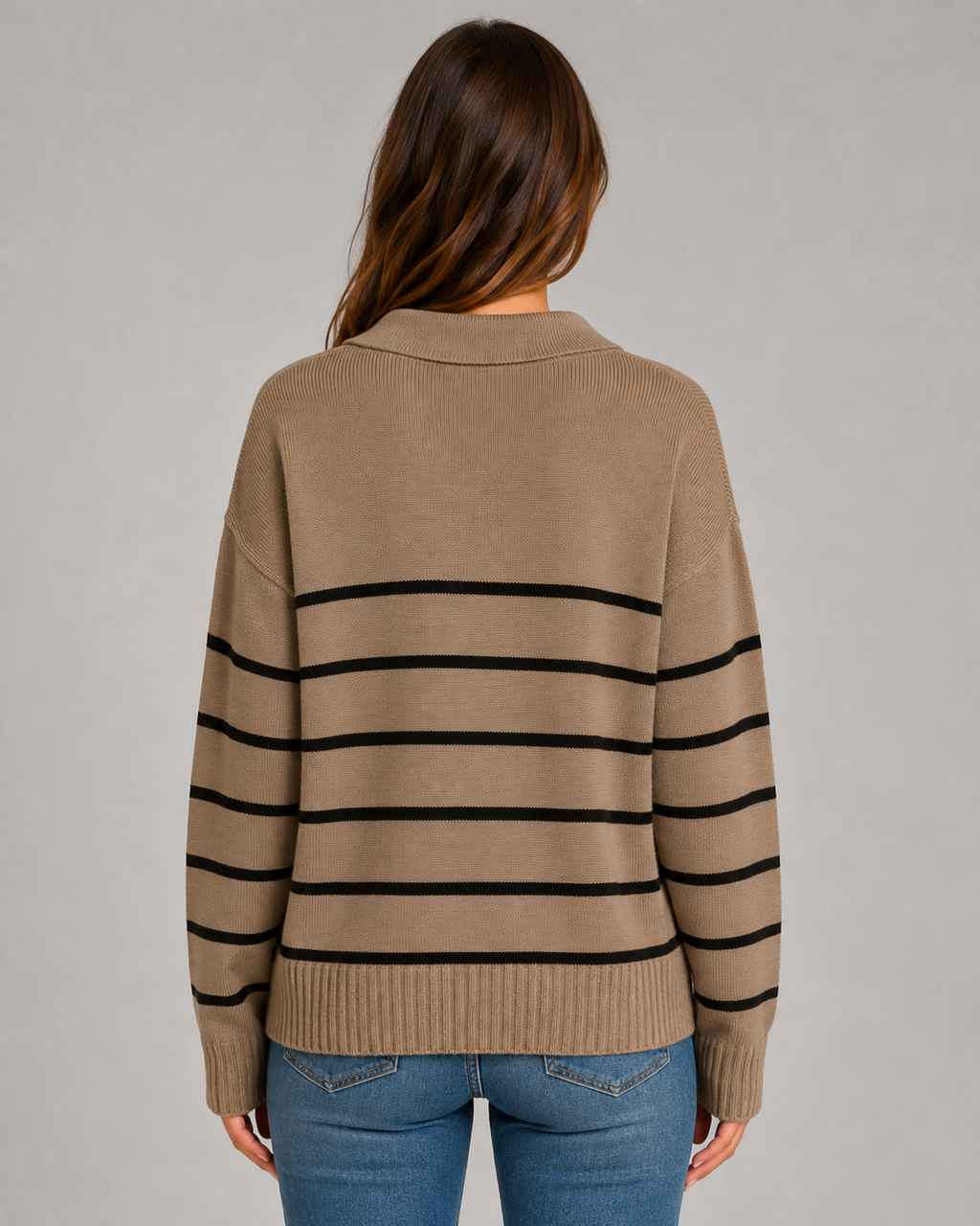 Women's Striped Open Collar Polo Jumper