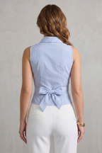 Women's Striped Sleeveless Wrap Blouse – Shawl Collar Waist Defining Top
