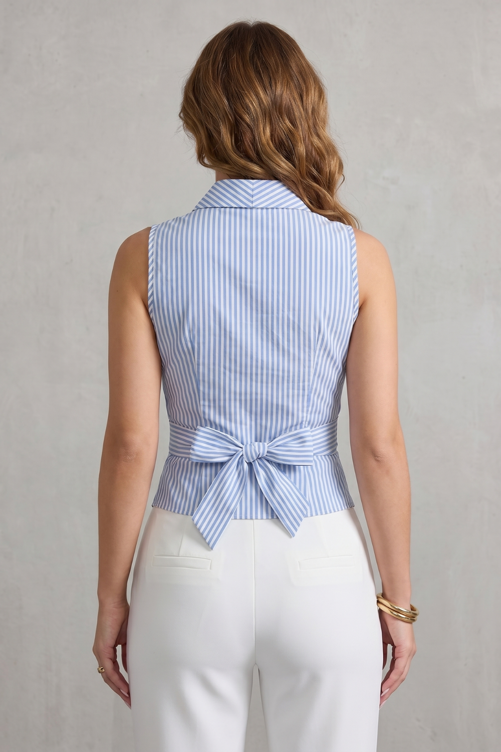 Women's Striped Sleeveless Wrap Blouse – Shawl Collar Waist Defining Top