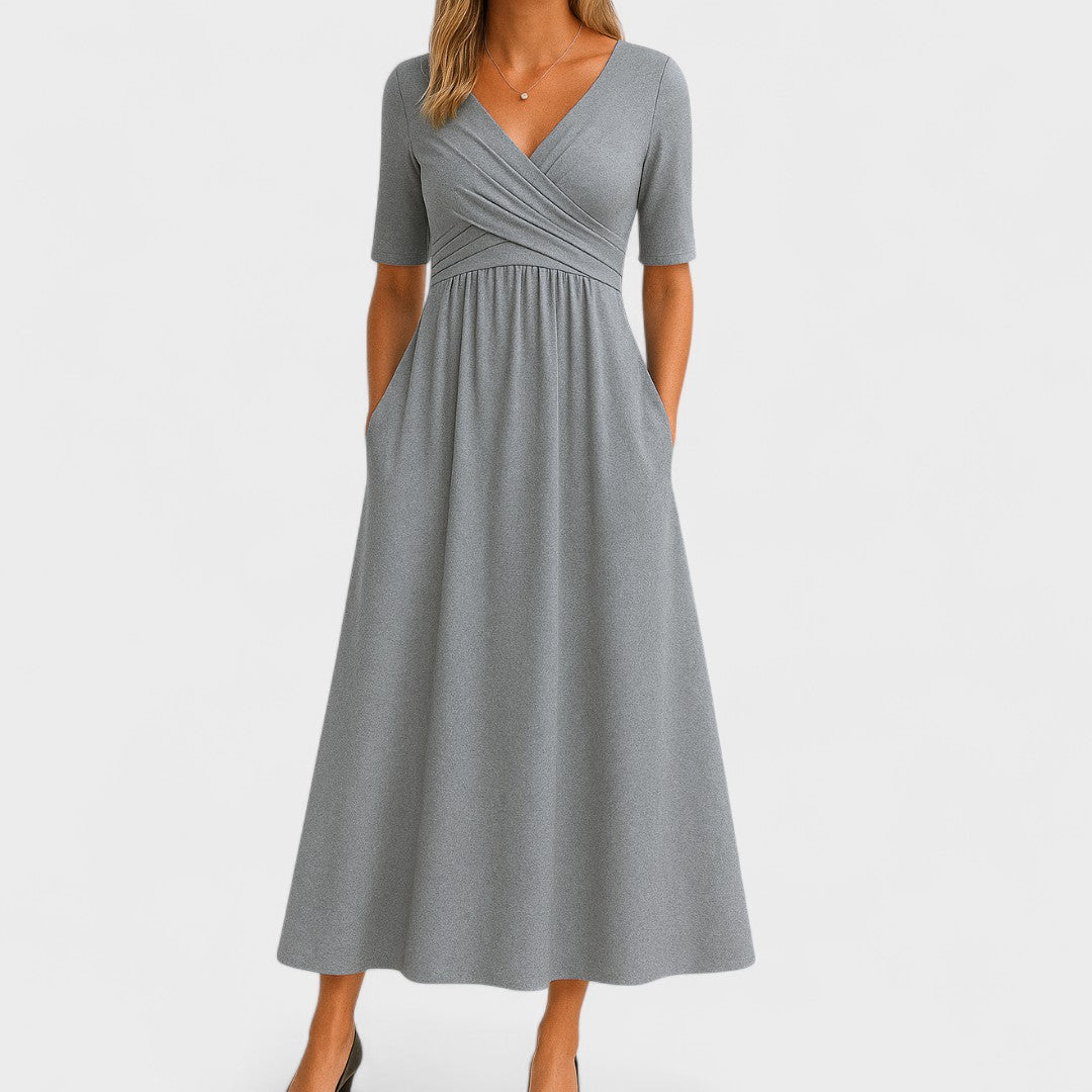 Women's Surplice V-Neck Midi Dress – Half Sleeve Wrap Effect Dress with Pockets