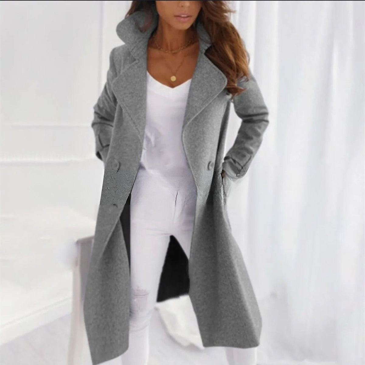 Kacob | Women's Tailored Longline Coat – Single Breasted Notch Lapel Coat