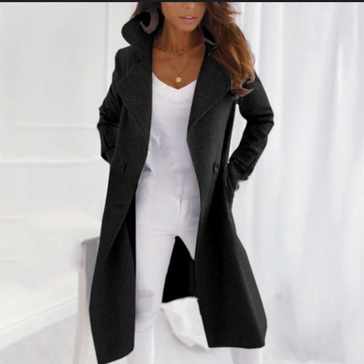 Kacob | Women's Tailored Longline Coat – Single Breasted Notch Lapel Coat
