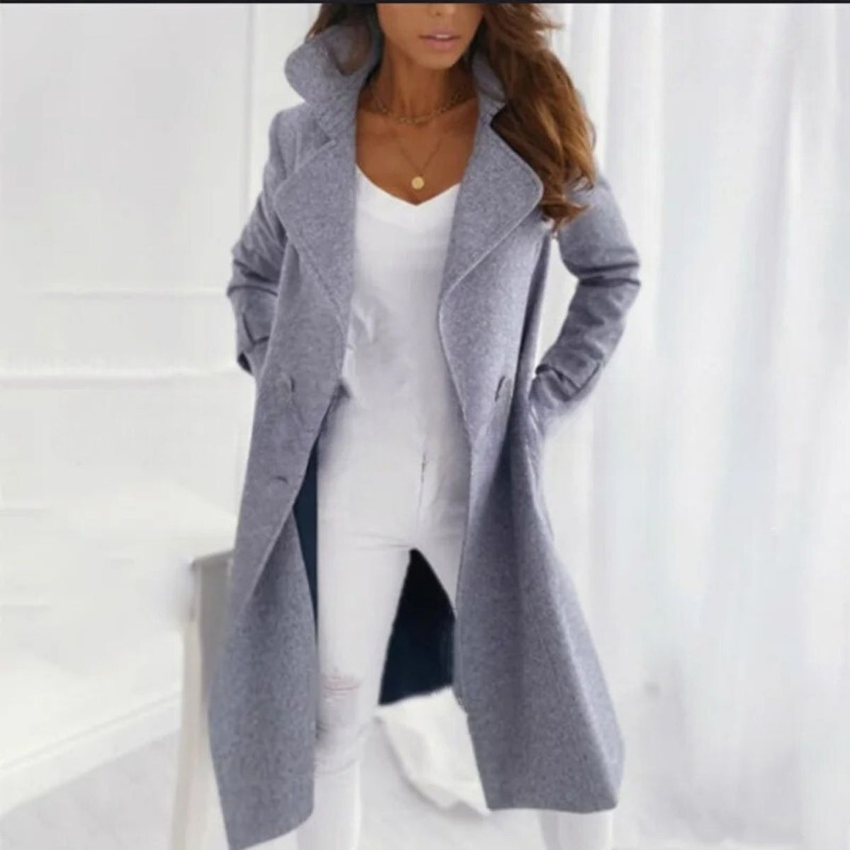 Kacob | Women's Tailored Longline Coat – Single Breasted Notch Lapel Coat