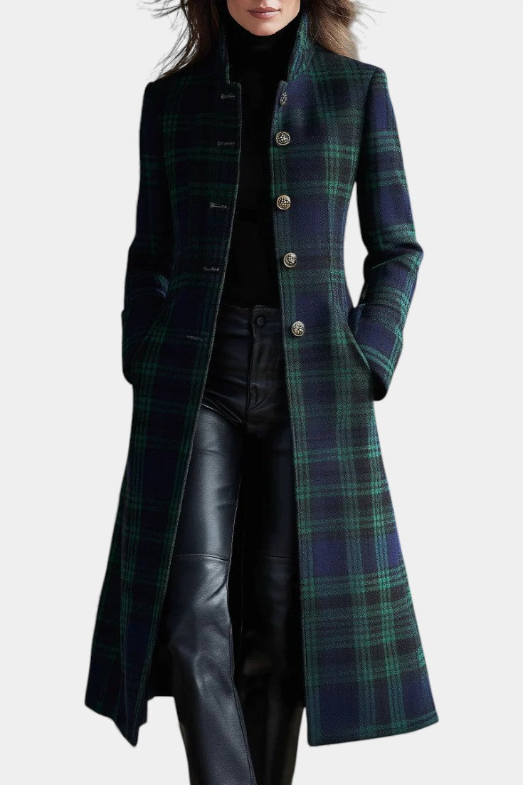 Kacob | Women's Tartan Long Coat – Single Breasted Check Winter Coat