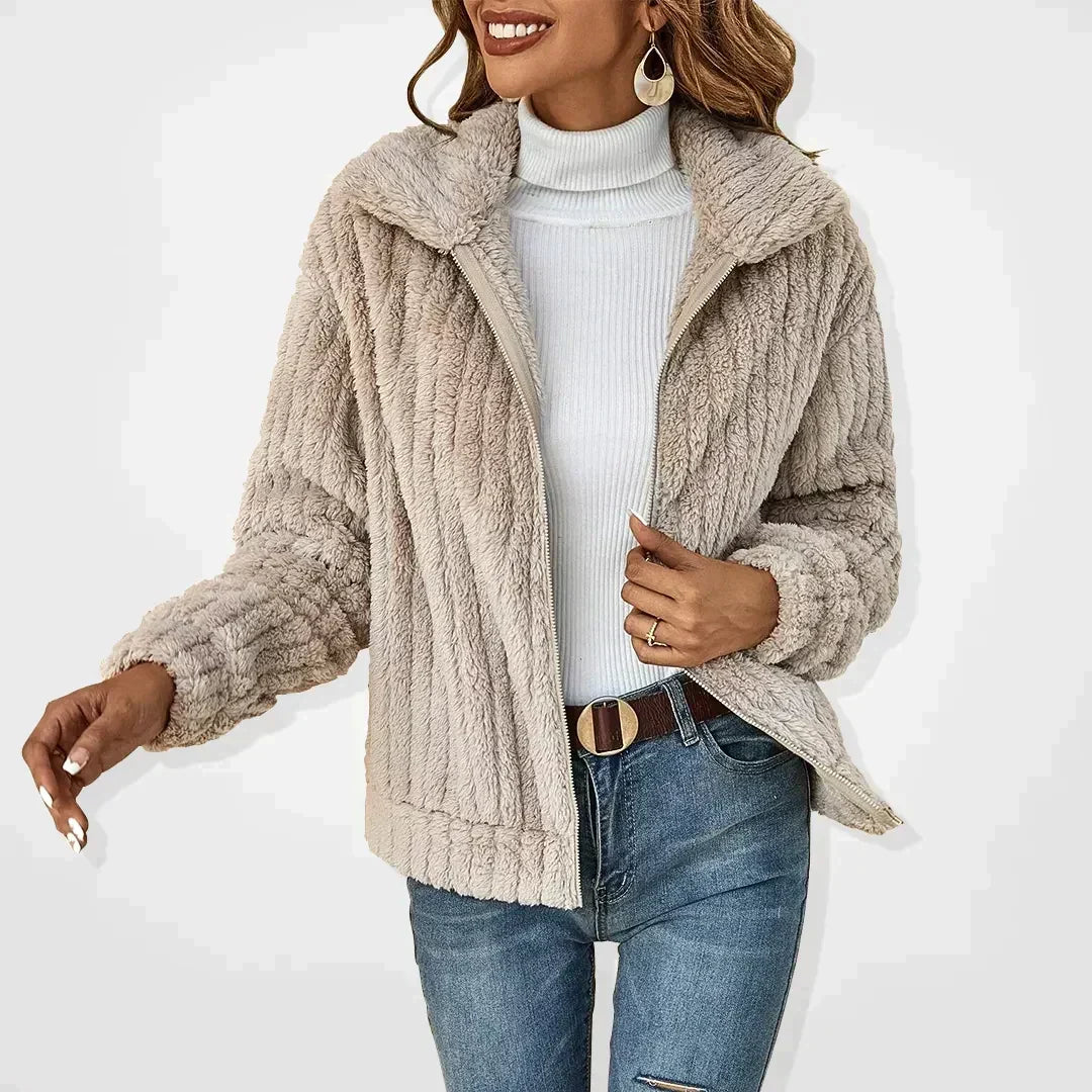 Women's Teddy Fleece Zip Up Jacket with Collar – Ribbed Texture Fluffy Short Jacket
