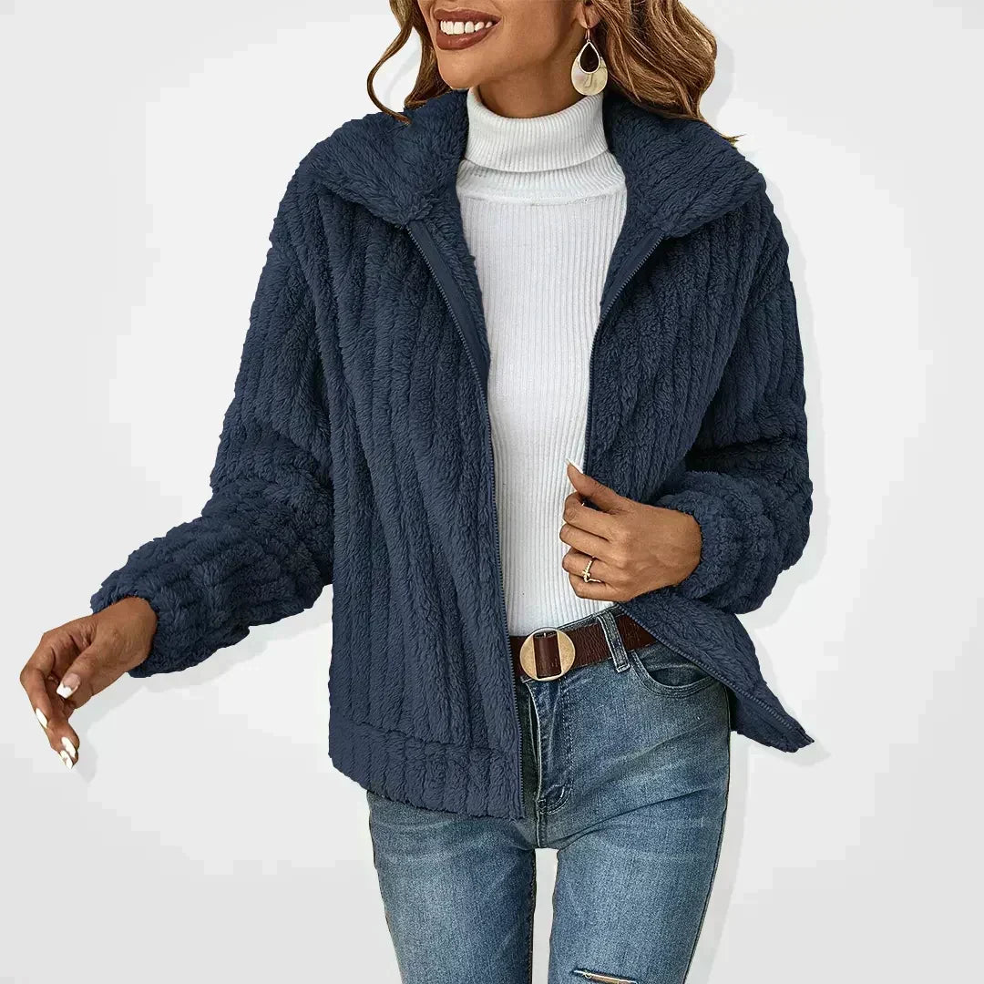 Women's Teddy Fleece Zip Up Jacket with Collar – Ribbed Texture Fluffy Short Jacket
